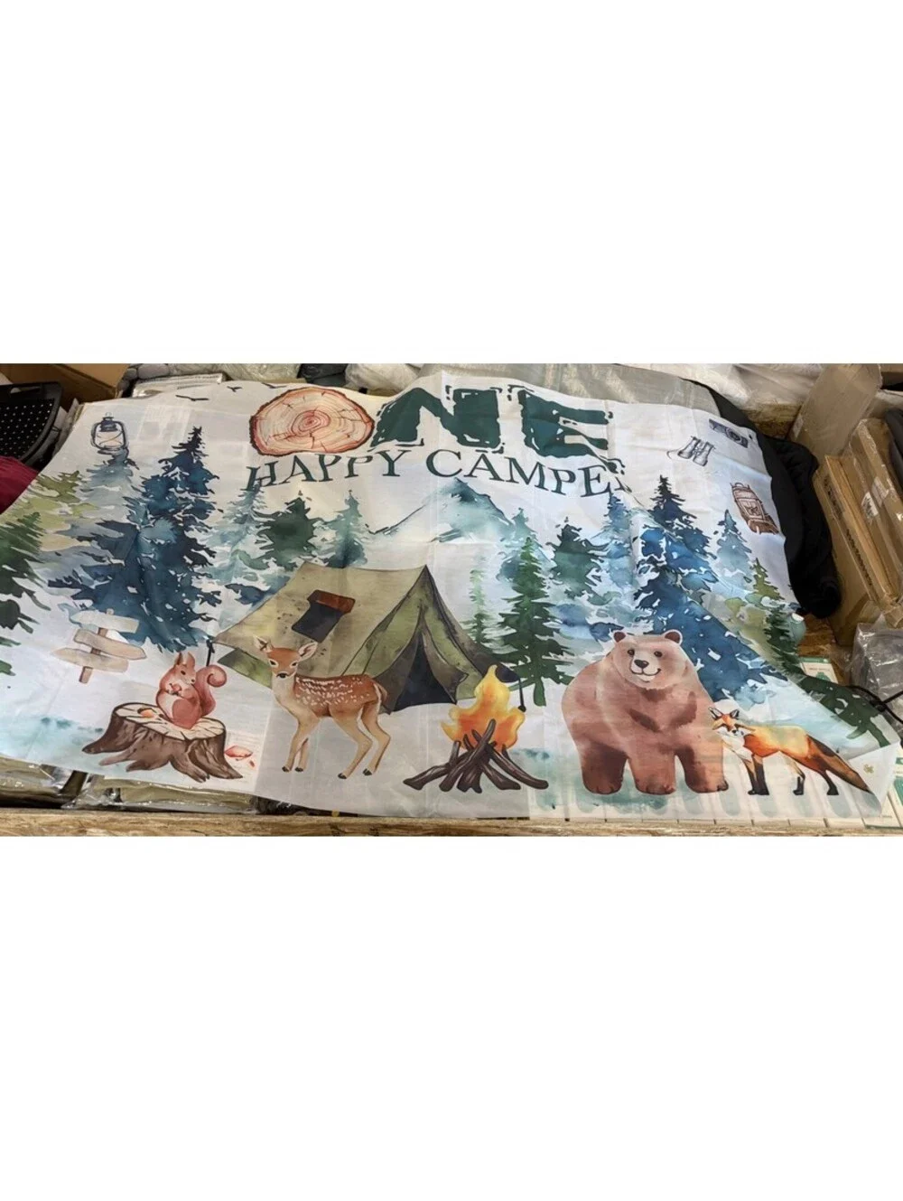 One happy camper tapestry camping flag sun block canopy shade ~57x75” Bear Fox